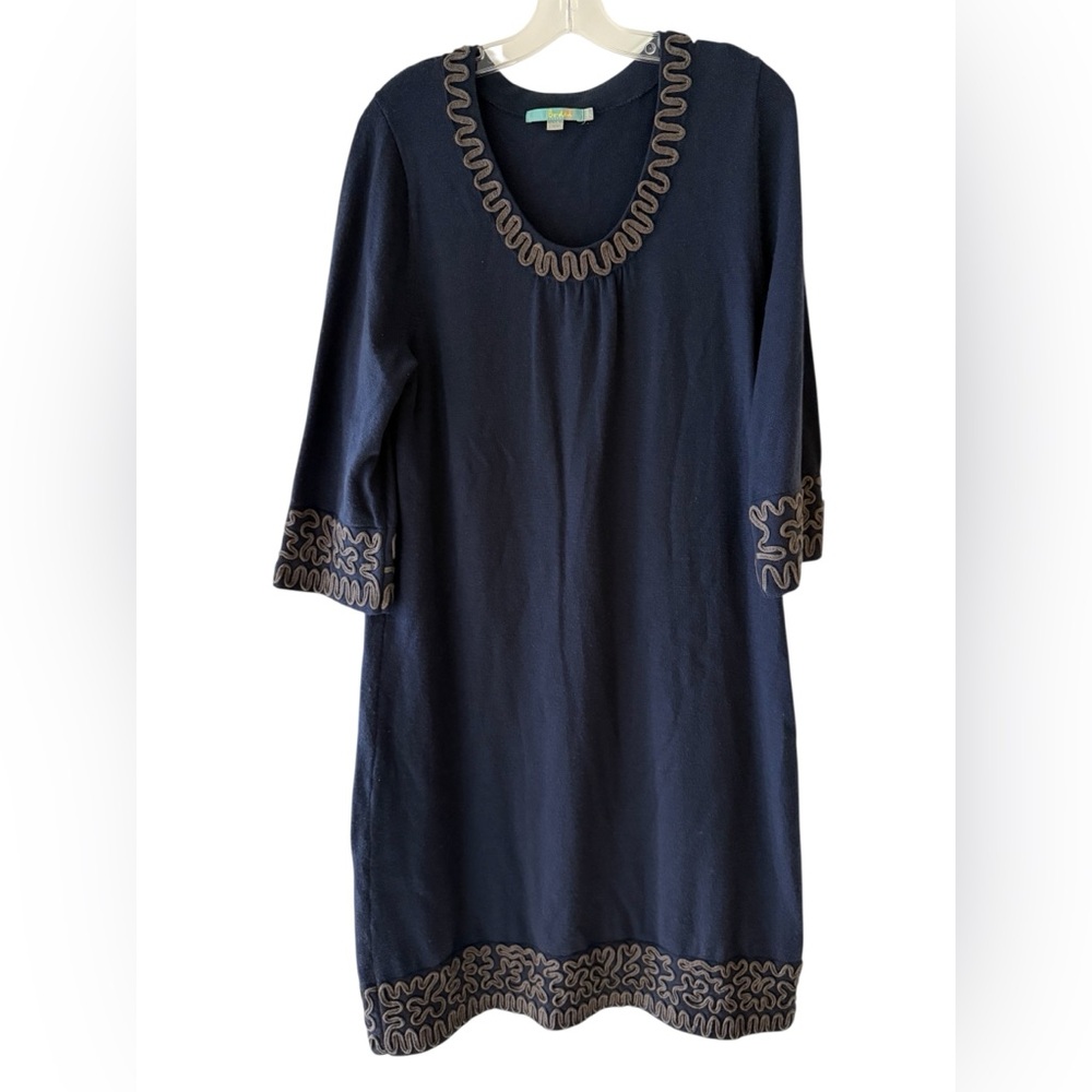 Boden Venice Sweater Dress Navy Wool Blend Embroidered Ribbon Size U.S.  14R